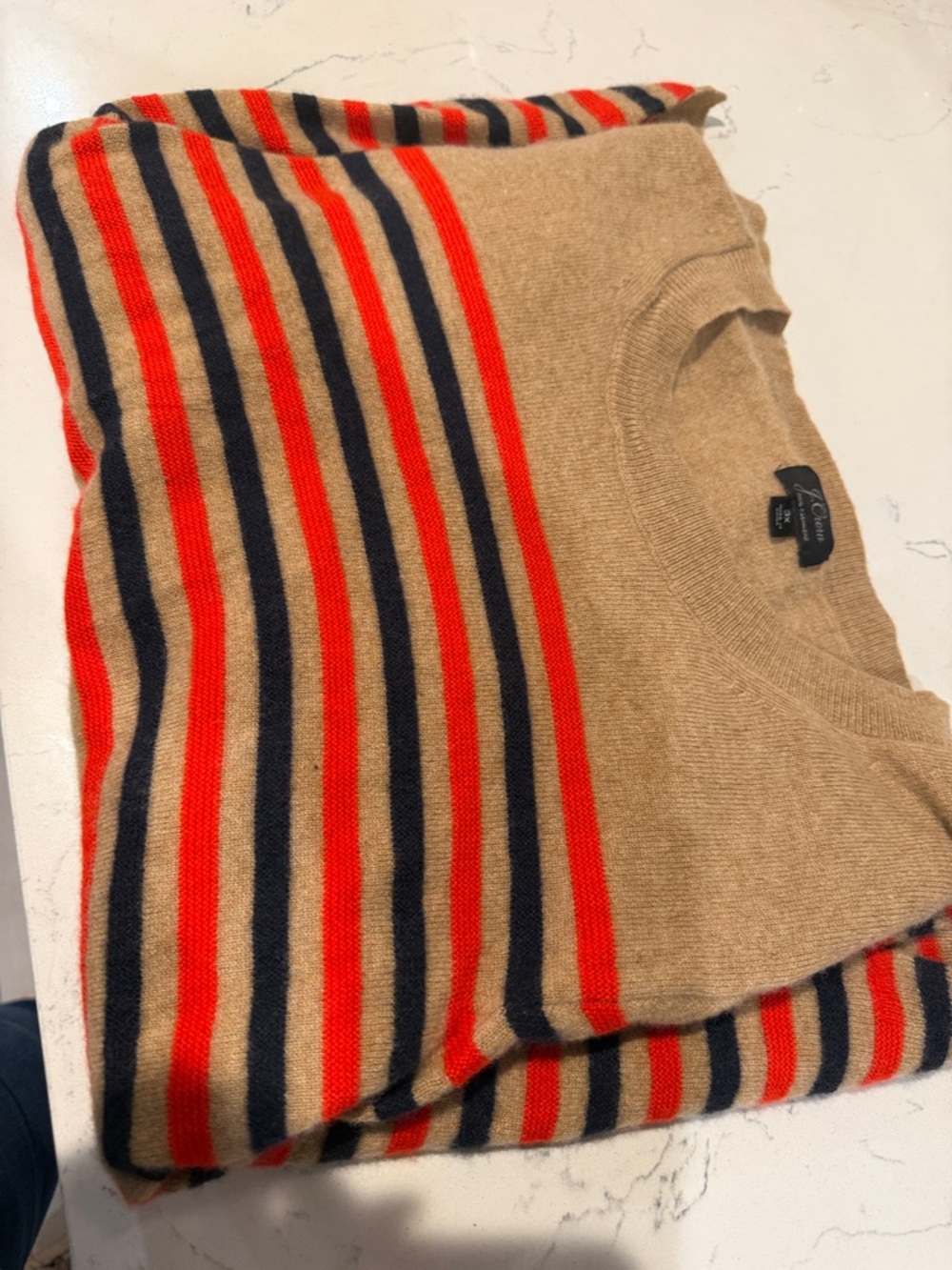 J. Crew Tan Crewneck Sweater with Navy & Red Stripes
